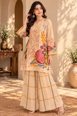 Creaminess || Beige Artistic Floral Printed Kurta Palazzo Co-ord Set