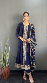 Stunning Vichitra Anarkali Set featuring exquisite embroidery work.