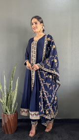 Stunning Vichitra Anarkali Set featuring exquisite embroidery work.