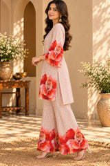 Red Rose || Peach Checkered Floral Printed Kurta Palazzo Co-ord Set