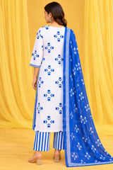 Roop || White & Royal Blue Floral Printed Kurta Palazzo Set with Dupatta