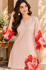 Red Rose || Peach Checkered Floral Printed Kurta Palazzo Co-ord Set
