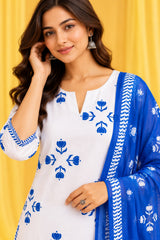 Roop || White & Royal Blue Floral Printed Kurta Palazzo Set with Dupatta