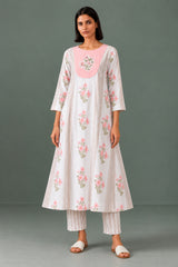 KESHVI || Women White & Pink Floral Printed Kurta Set with Trousers