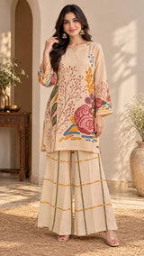 Creaminess || Beige Artistic Floral Printed Kurta Palazzo Co-ord Set