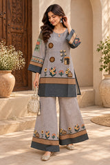 Sanvi || Grey Floral Printed Colour Block Kurta Palazzo Co-Ord Set
