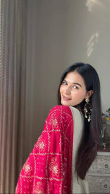 Add elegance to your festive look with this Exclusive 3 Piece Gown Pair crafted in luxurious Chinon fabric. Adorned with golden lace and fine piping