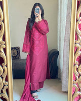 DESIGNER WEAR EXCLUSIVE SUIT IN ROMAN SILK FABRIC TOP AND PANT WITH DUPATTA IN GEORGETTE