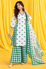 Vihana || White & Green Floral Printed Kurta Palazzo Set with Dupatta