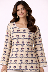 Beige Floral Printed Straight Kurti