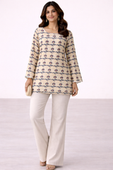 Beige Floral Printed Straight Kurti