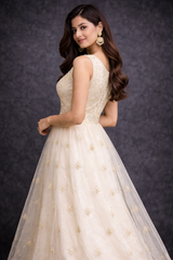 Elegant Champagne Gold Embroidered Anarkali Gown Set