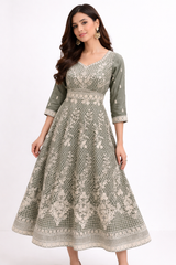 Elegant Olive Embroidered Anarkali Gown