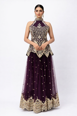 Plum Purple Designer Lehenga Gown with Zari & Sequin Embroidery