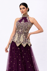 Plum Purple Designer Lehenga Gown with Zari & Sequin Embroidery
