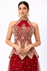 Crimson Red Designer Lehenga Gown with Zari & Sequin Embroidery