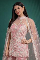 Blush Pink Embroidered Kurta Sharara Set with Sequin & Lace Dupatta