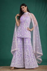 Lavender Light Purple Embroidered Kurta Sharara Set with Sequin & Lace Dupatta