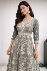 Elegant Olive Embroidered Anarkali Gown