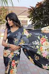 Luxe Floral Satin Saree – Bold, Elegant & Absolutely Stunning
