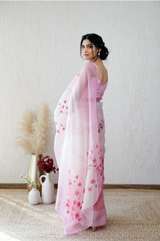 Elegance Redefined β Handcrafted Pink Floral Organza Saree πΈ