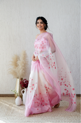 Elegance Redefined β Handcrafted Pink Floral Organza Saree πΈ