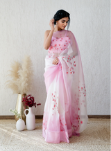 Elegance Redefined β Handcrafted Pink Floral Organza Saree πΈ