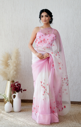 Elegance Redefined β Handcrafted Pink Floral Organza Saree πΈ