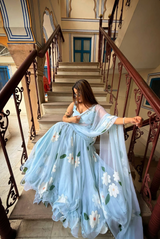 Pastel Blue Floral Georgette Saree Set – Pinterest Inspired Elegance