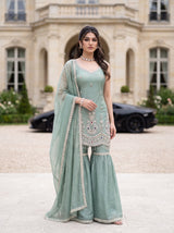 Sage Bloom Embroidered Sharara Suit Set
