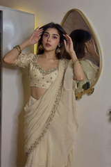 White Organza Designer Saree Set with Silk Thread & Sequins Embroidery