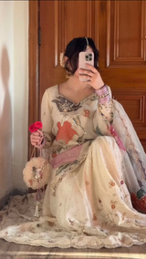 EXCLUSIVE DESIGNER HEAVY CHINON SEQUENCE EMBROIDERY WORK SUIT WITH FULL FLAIR GHARARA