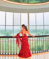 Crafted from premium Faux Georgette, this saree features digital print work, 2-layer ruffle detailing