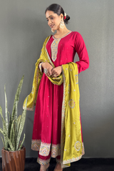 Stunning Vichitra Anarkali set featuring exquisite embroidery work.