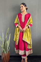 Stunning Vichitra Anarkali set featuring exquisite embroidery work.