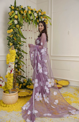 Purple dreamy floral pattern, graceful fit, and flowy movement.