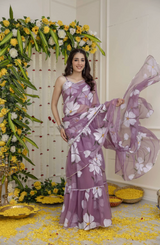 Purple dreamy floral pattern, graceful fit, and flowy movement.