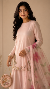 Blush Pink Embroidered Suit Set with Floral Organza Dupatta