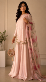 Blush Pink Embroidered Suit Set with Floral Organza Dupatta