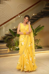 Sunshine Bloom Yellow Floral Georgette Saree