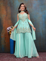 Aqua Blue Premium Embroidered Suit Set with Palazzo