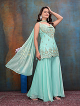 Aqua Blue Premium Embroidered Suit Set with Palazzo
