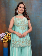 Aqua Blue Premium Embroidered Suit Set with Palazzo