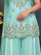 Aqua Blue Premium Embroidered Suit Set with Palazzo