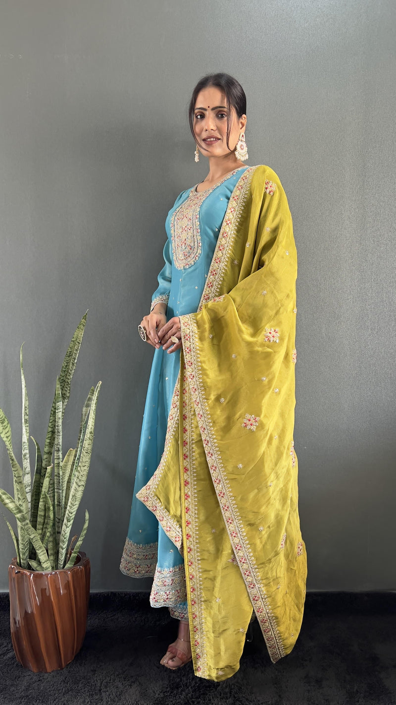 anarkali dress sky blue Sky Blue Embroidered Tissue Anarkali