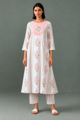 KESHVI || Women White & Pink Floral Printed Kurta Set with Trousers