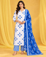 Roop || White & Royal Blue Floral Printed Kurta Palazzo Set with Dupatta