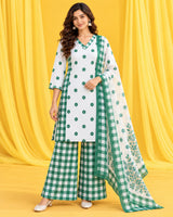 Vihana || White & Green Floral Printed Kurta Palazzo Set with Dupatta