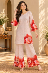 Red Rose || Peach Checkered Floral Printed Kurta Palazzo Co-ord Set