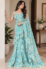 Sky Blue Floral Ruffle Saree with Strappy Blouse
